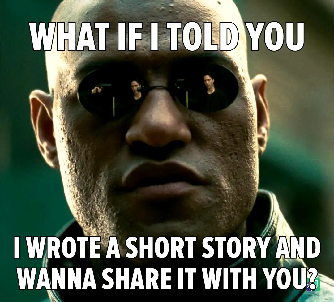 A close-up of Morpheus from 'The Matrix' wearing his signature sunglasses, with two figures visible in the reflection. White…