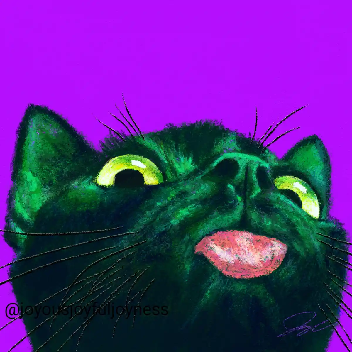 A stylized digital illustration of a black cat's face against a vibrant purple background, featuring glowing green eyes and…