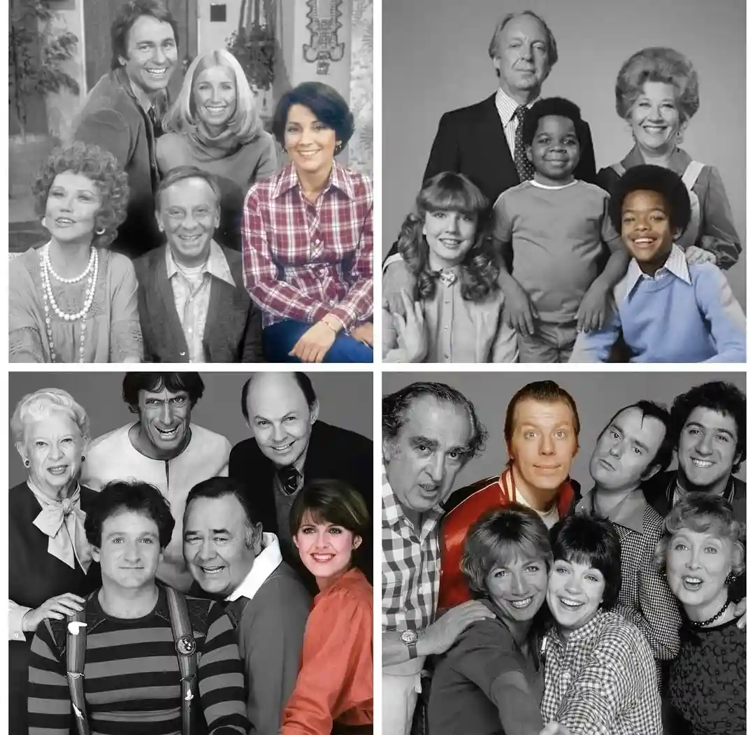 A collage of four black-and-white promotional photos of the cast of the 1970s sitcom 'The Partridge Family'. The top-left…