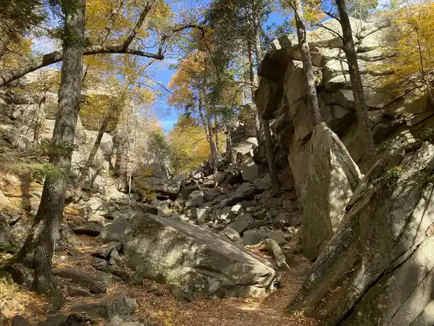 A scenic autumn forest path is filled with large, jagged rocks and fallen leaves under a blue sky, with trees displaying…