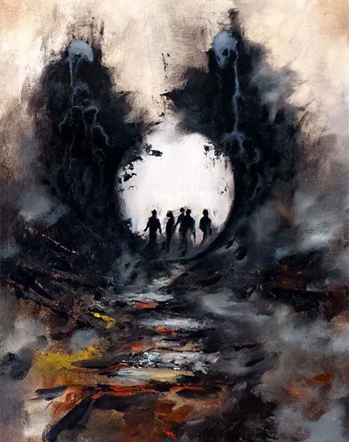 A dark, abstract painting shows silhouettes of five people walking toward a bright, circular opening framed by chaotic…