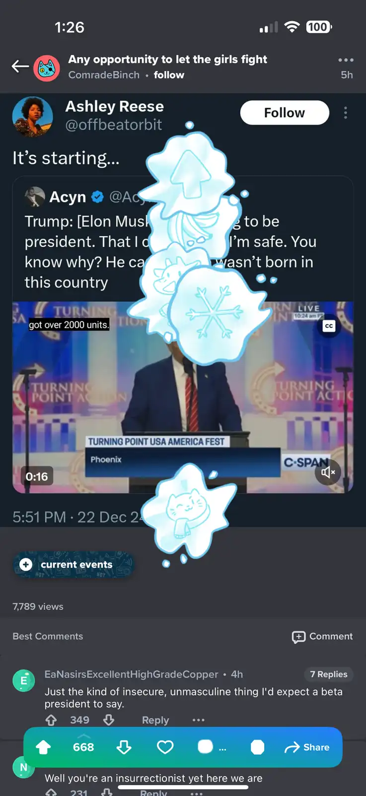 A screenshot of a Twitter post by Ashley Reese showing a video clip of Donald Trump speaking at a Turning Point USA event…