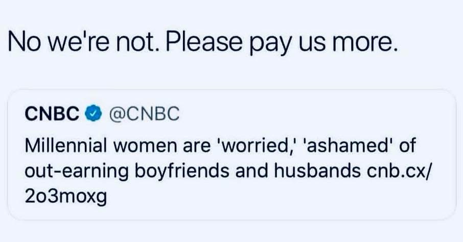 The image displays a screenshot of a CNBC tweet stating 'Millennial women are 'worried,' 'ashamed' of out-earning boyfriends…