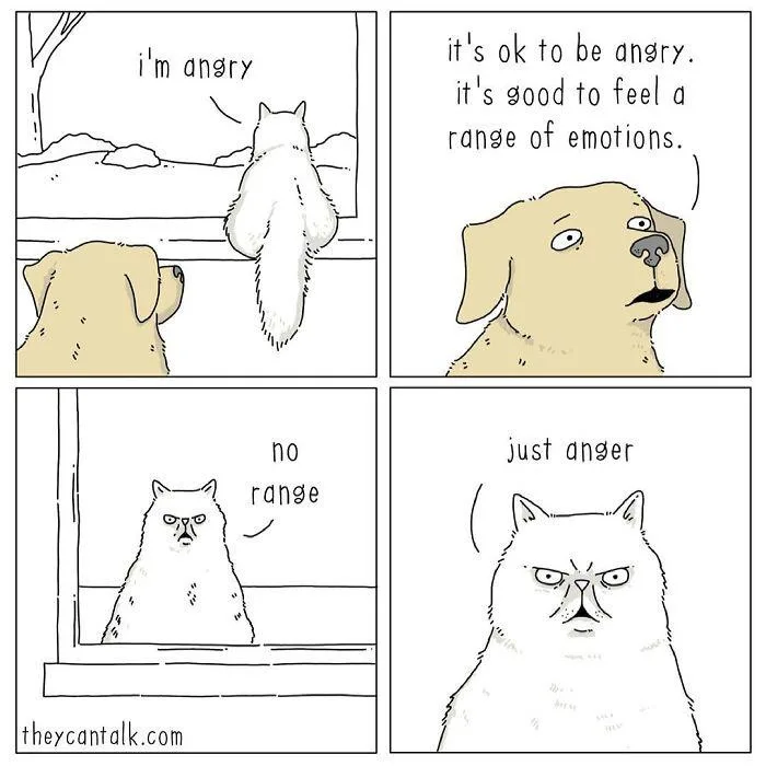 A four-panel comic strip shows a dog comforting a cat. The dog says it's okay to be angry and good to feel a range of…