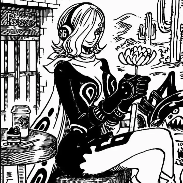 A black-and-white manga panel shows a woman with short hair and headphones marked '66' sitting calmly while holding a…