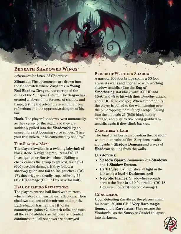 An image of a fantasy adventure module titled 'Beneath Shadowed Wings' for D&D level 12 characters, featuring a red shadow…