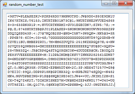 A computer window titled 'random_number_test' displays a long string of seemingly random alphanumeric characters. The text…