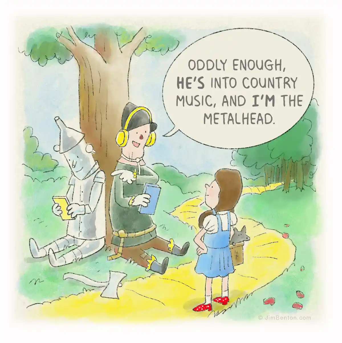 A cartoon illustration shows Dorothy from The Wizard of Oz standing on the yellow brick road, facing two companions: the Tin…