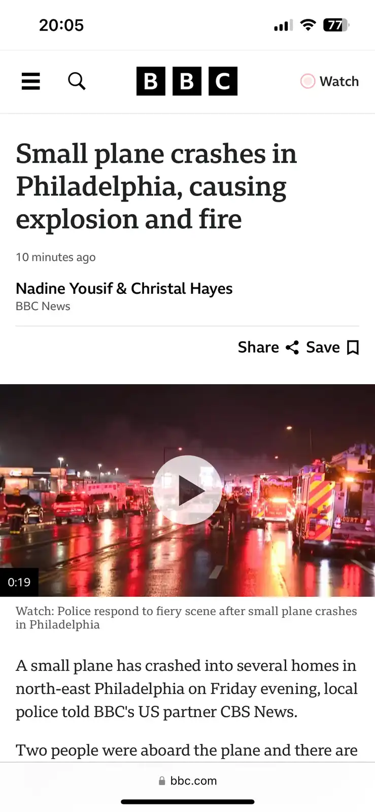 A screenshot of a BBC News mobile article shows a breaking news headline about a small plane crash in Philadelphia causing…