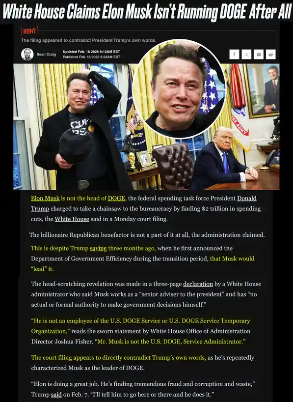 The image displays a fake news article with the headline 'White House Claims Elon Musk Isn't Running DOGE After All'. It…
