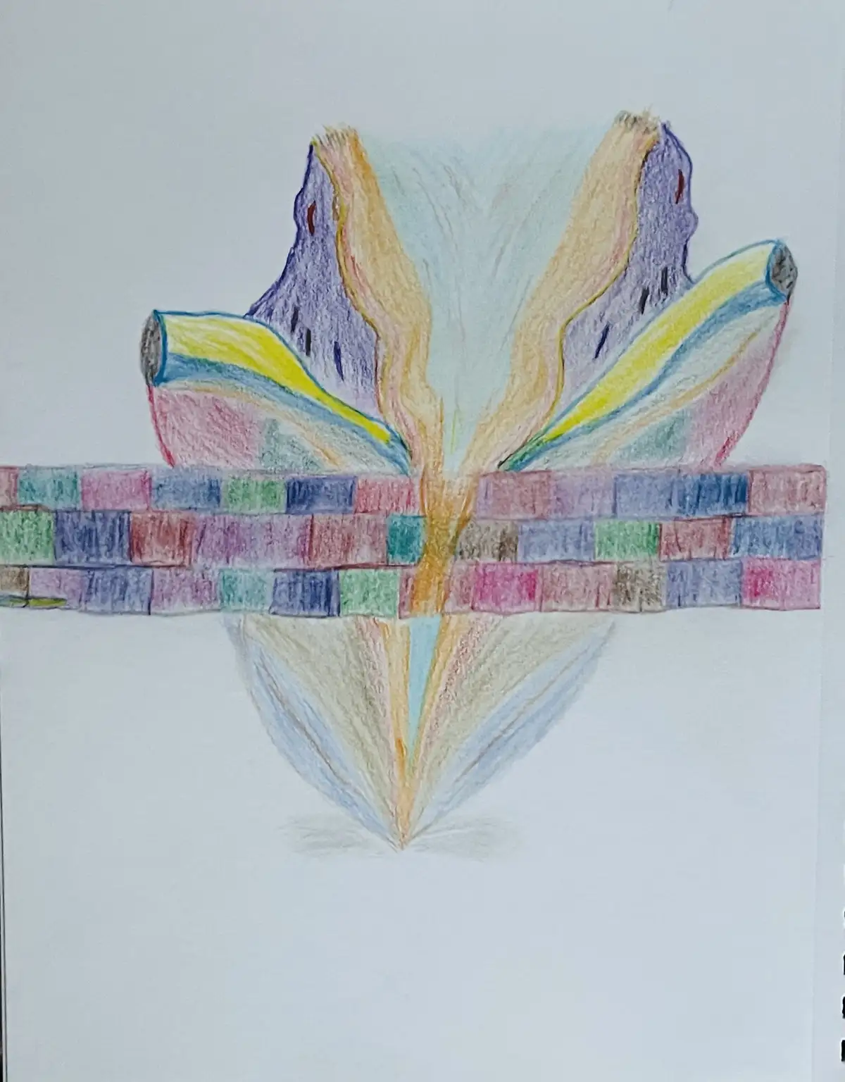 A child's crayon drawing depicts a colorful, abstract flower-like shape with a horizontal band of multicolored bricks across…