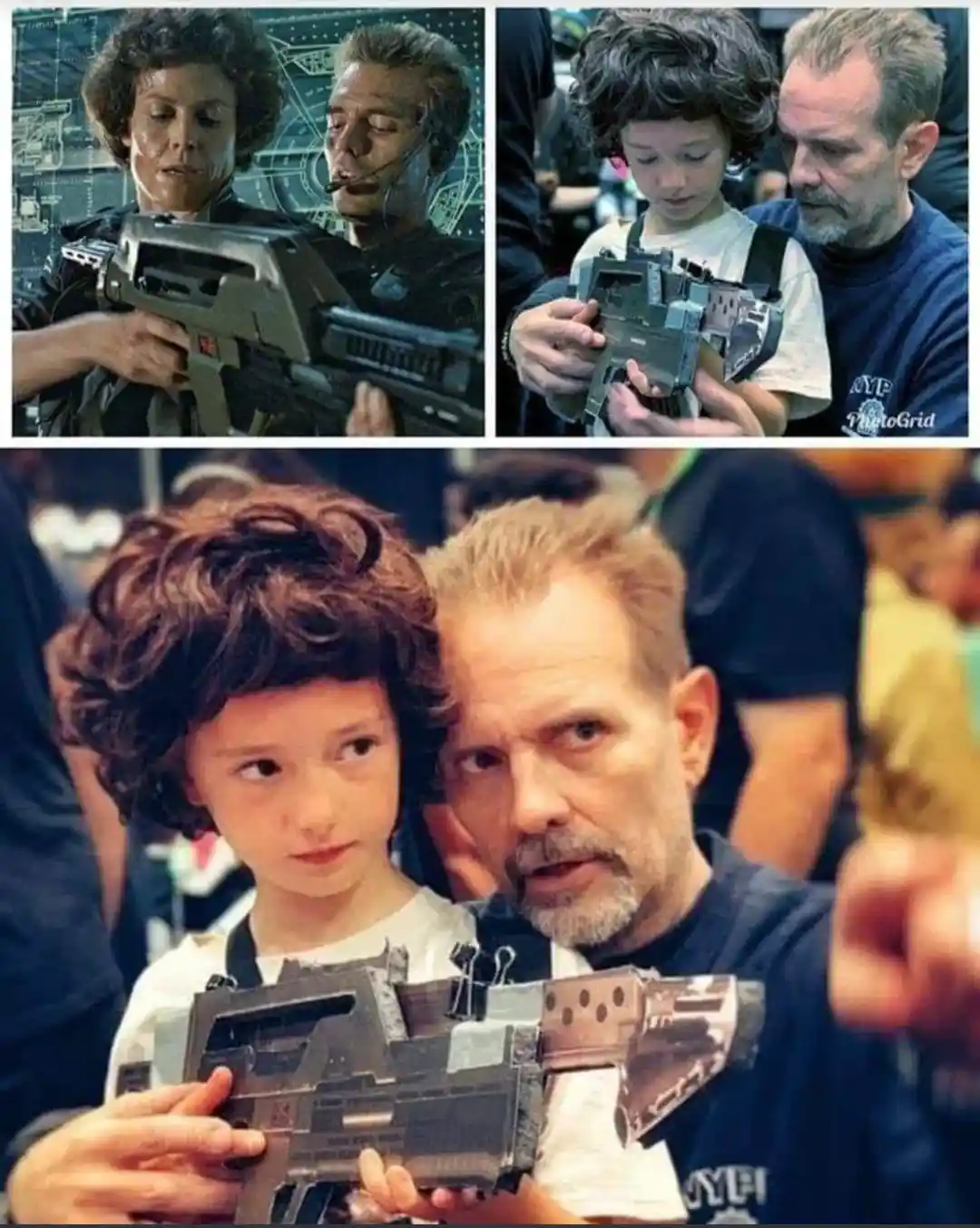 The image is a three-panel meme. Top left: Sigourney Weaver and a male co-star from 'Alien' hold a prop weapon. Top right: A…