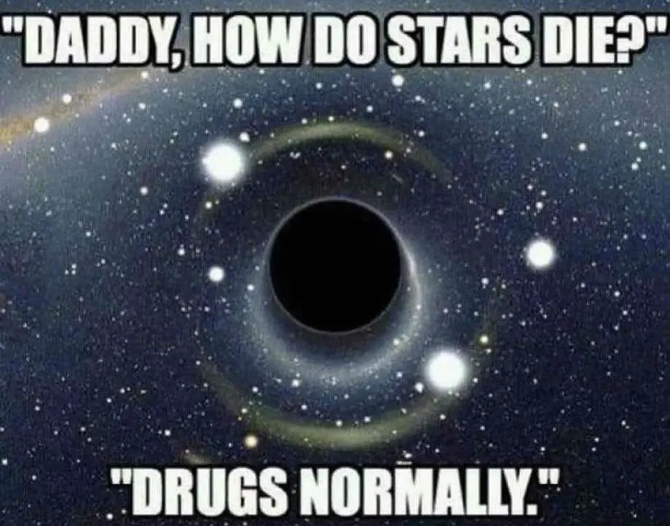 A space image showing a black hole surrounded by stars and cosmic dust, with bold white text at the top reading "DADDY, HOW…
