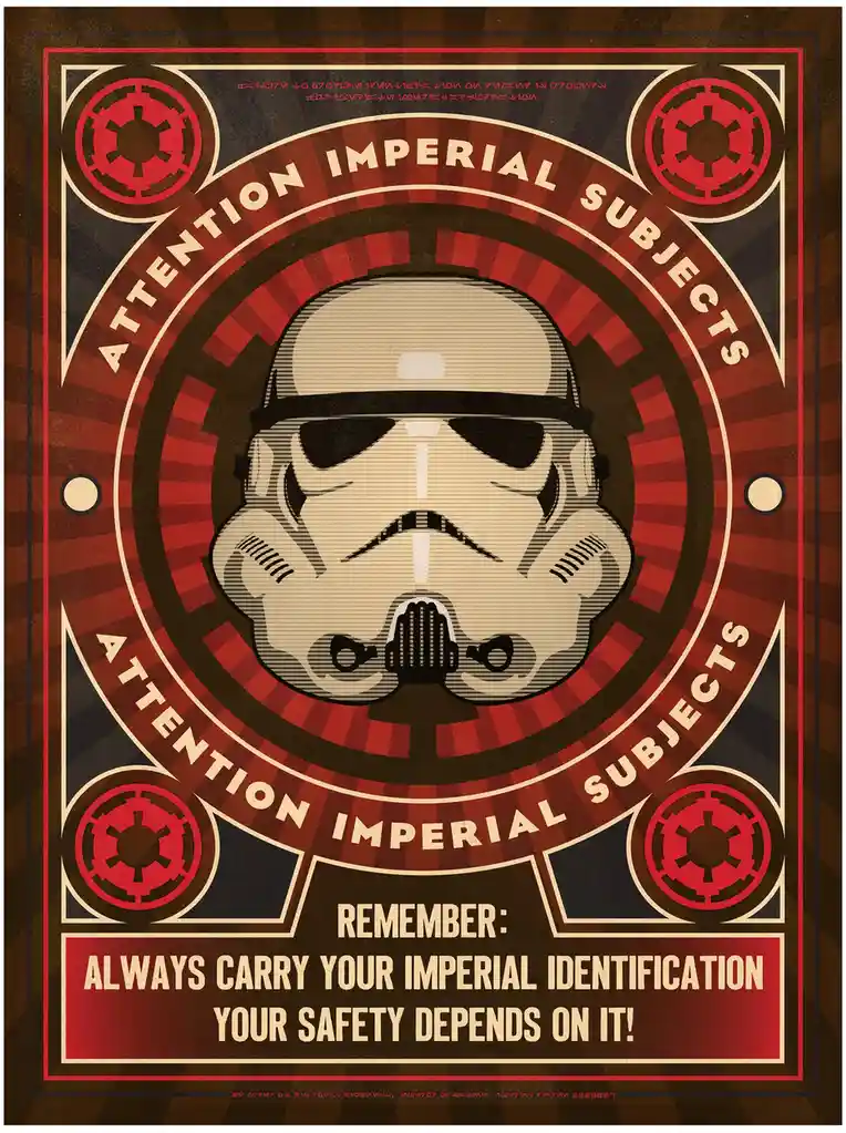 A stylized propaganda poster features a central Stormtrooper helmet against a red and brown background with Imperial…