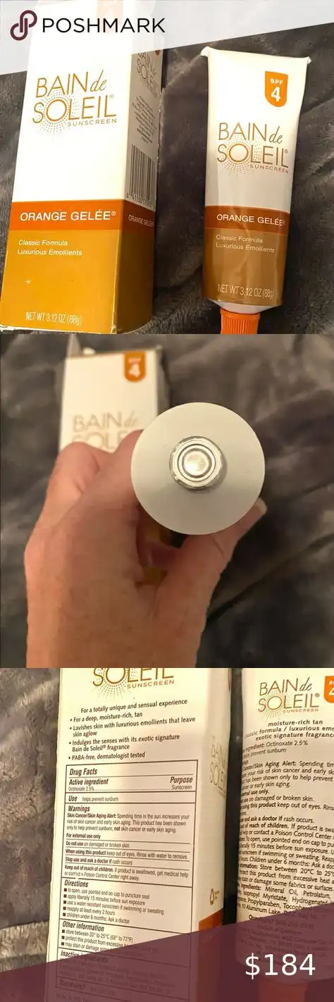 A composite image shows a tube and box of Bain de Soleil Orange Gelée sunscreen, with a close-up of its unusual white, flat…