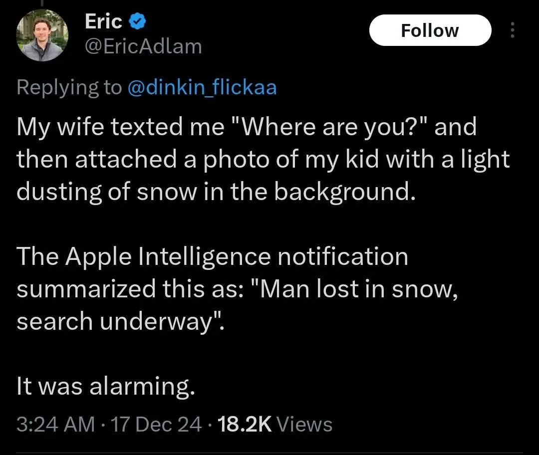 A screenshot of a tweet by Eric @EricAdlam, replying to @dinkin_flickaa. The tweet describes his wife texting him 'Where are…