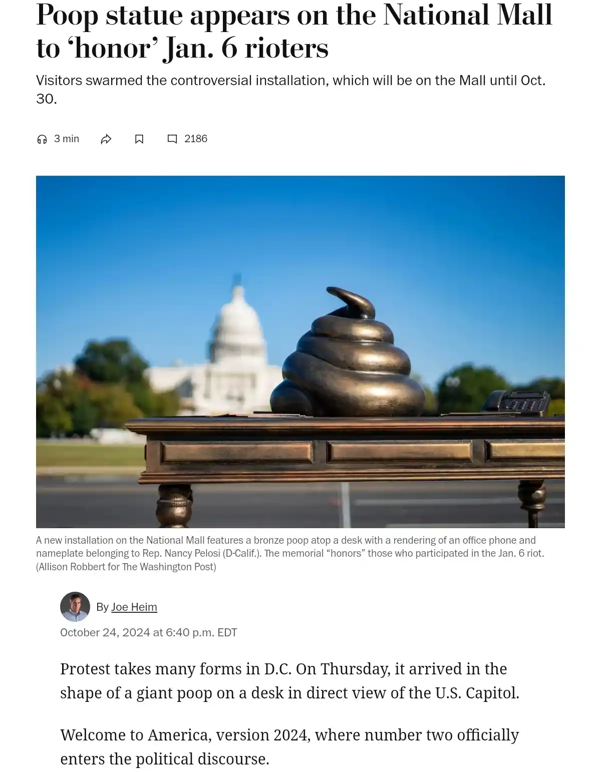 A bronze poop emoji statue sits atop a desk with a nameplate and phone, positioned in front of the U.S. Capitol building…