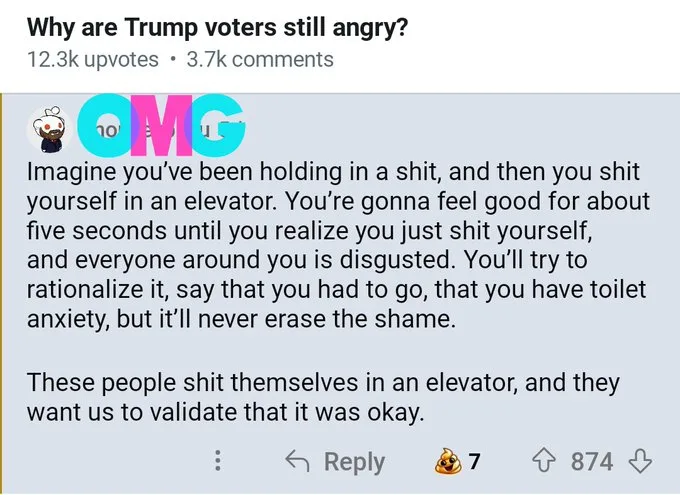 A Reddit comment screenshot with a large 'OMG' reaction emoji above the text. The comment humorously compares the feeling of…