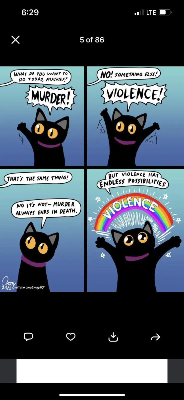A four-panel comic featuring a black cartoon cat with yellow eyes and a purple collar. In the first panel, the cat…