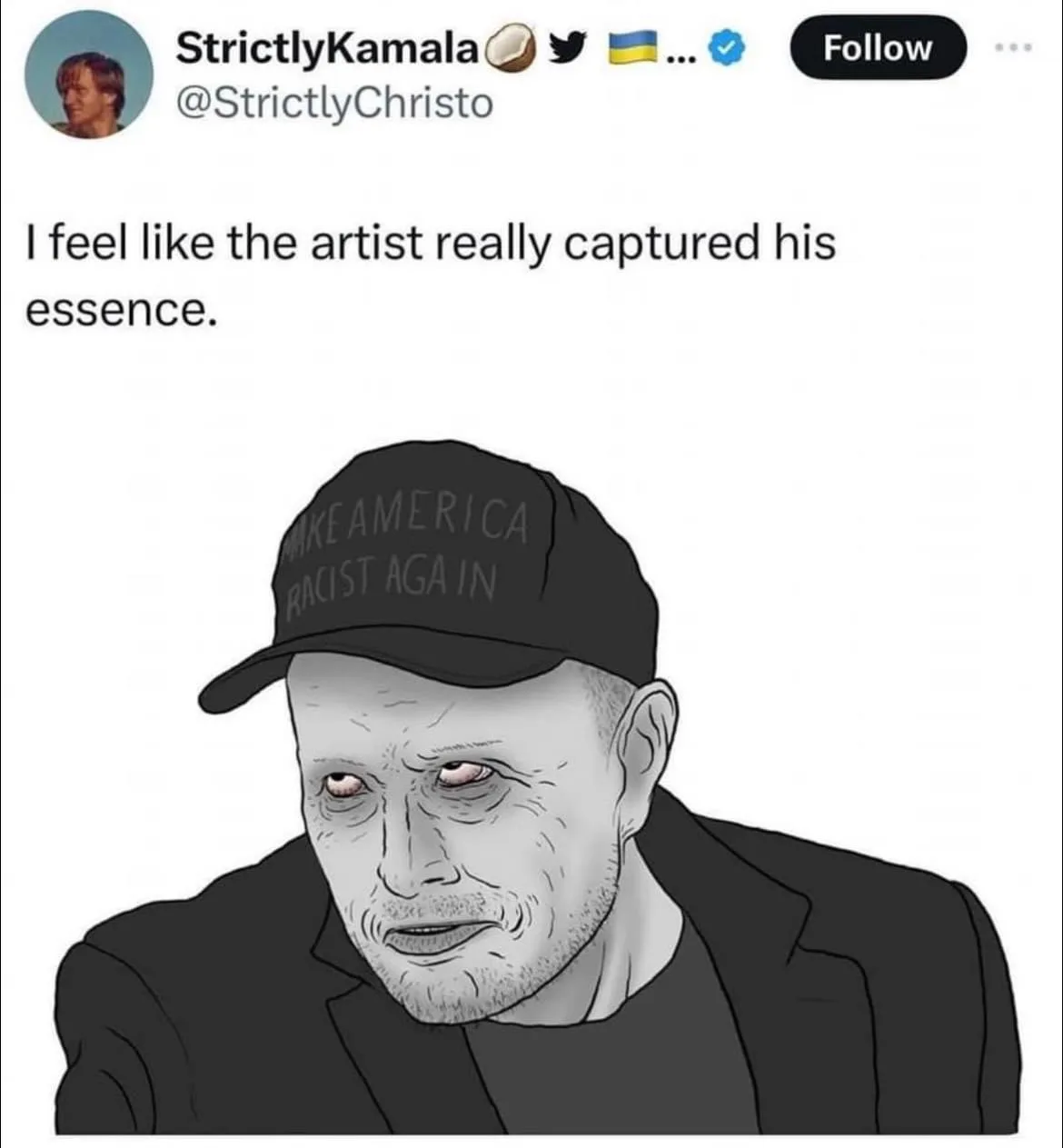 A black-and-white cartoon drawing of a man with a weary, tired expression, wearing a black cap with the text 'MAKE AMERICA…