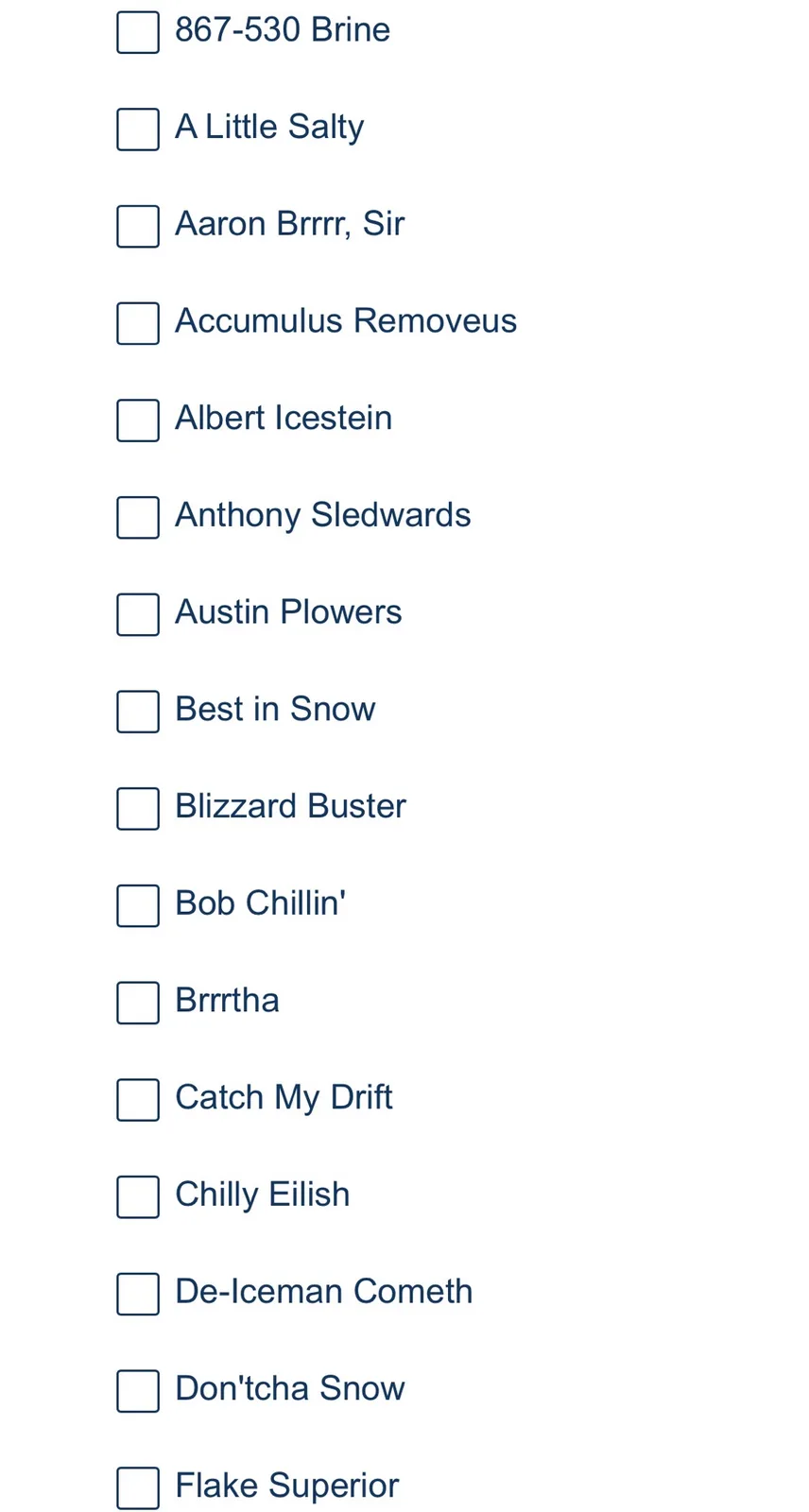 A checklist with a list of whimsical, snow-themed names like '867-530 Brine', 'Aaron Brrrr, Sir', and 'Chilly Eilish', each…
