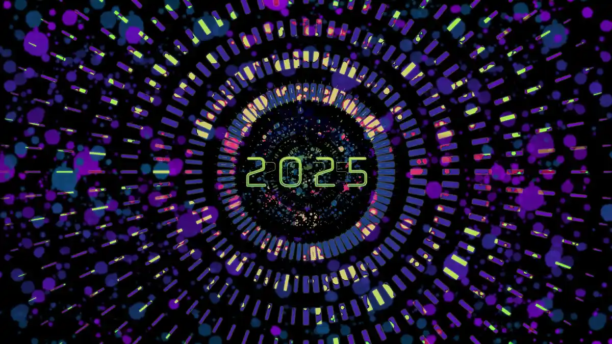A digital countdown graphic with the year '2025' glowing in lime green at the center, surrounded by concentric rings of…