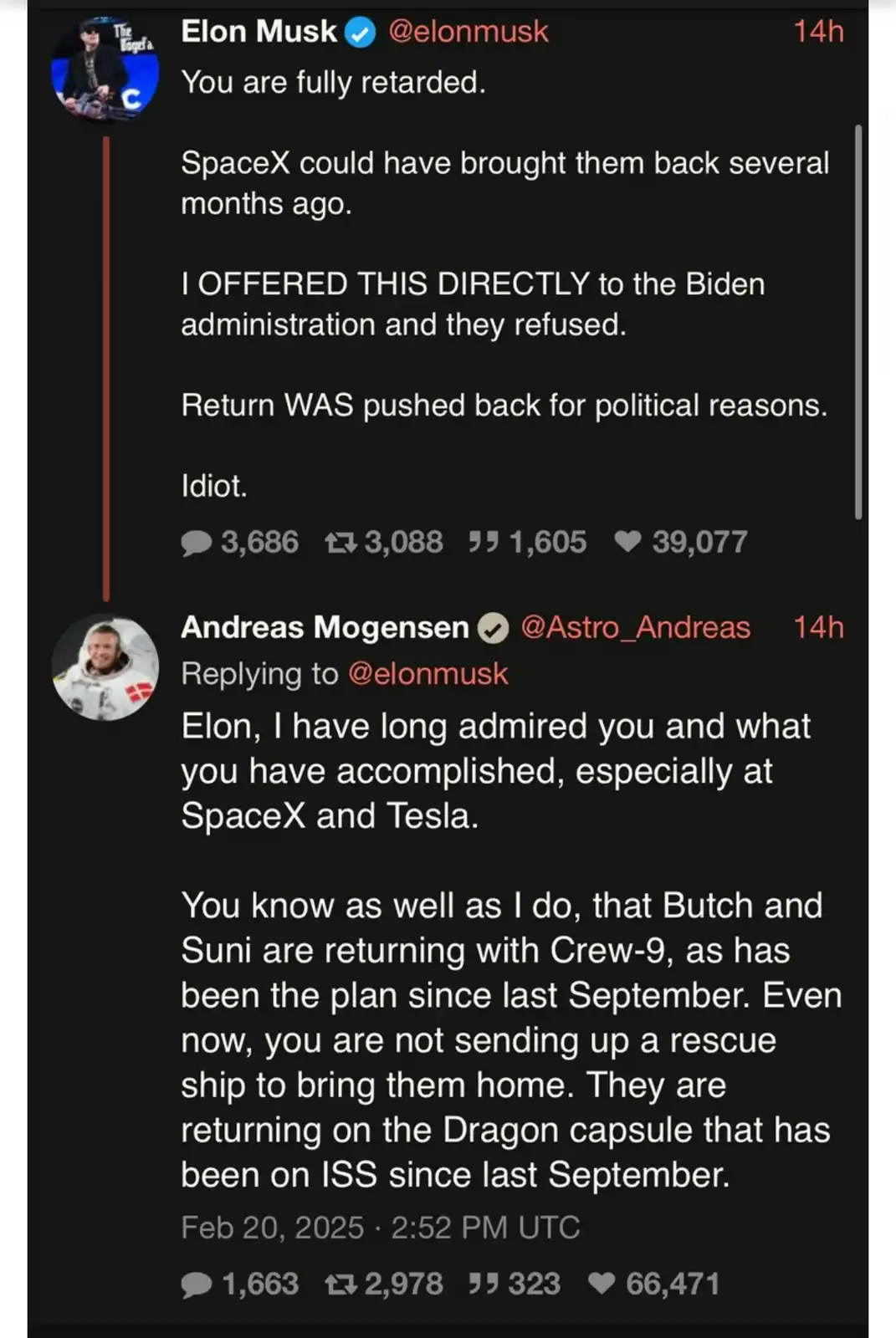 A screenshot of a Twitter thread shows Elon Musk accusing someone of being 'fully retarded' and claiming he offered to bring…