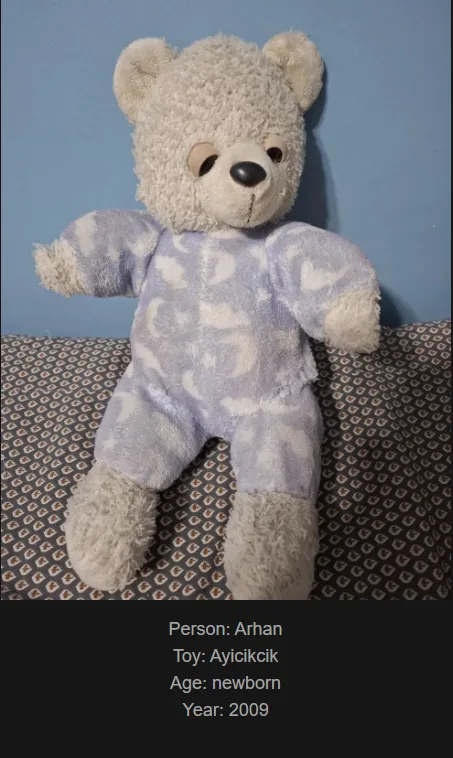 A light gray, fluffy teddy bear wearing a purple and white patterned onesie sits upright on a patterned fabric surface…