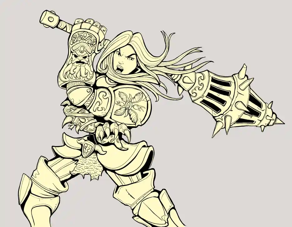 A stylized illustration of a female warrior in ornate armor, wielding a spiked mace and a hammer with a demonic face on its…