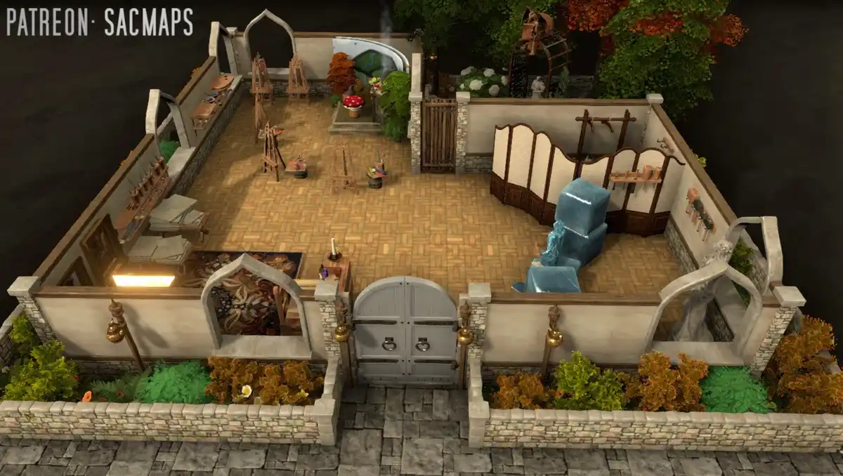 An overhead view of a detailed, fantasy-themed courtyard with stone walls, a central gate, and various decorative elements…
