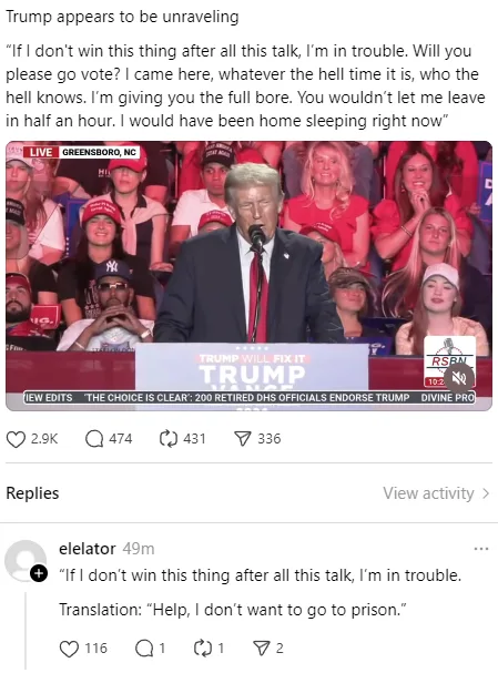 A screenshot of a Reddit post showing Donald Trump speaking at a rally in Greensboro, NC, with overlaid text quoting him…