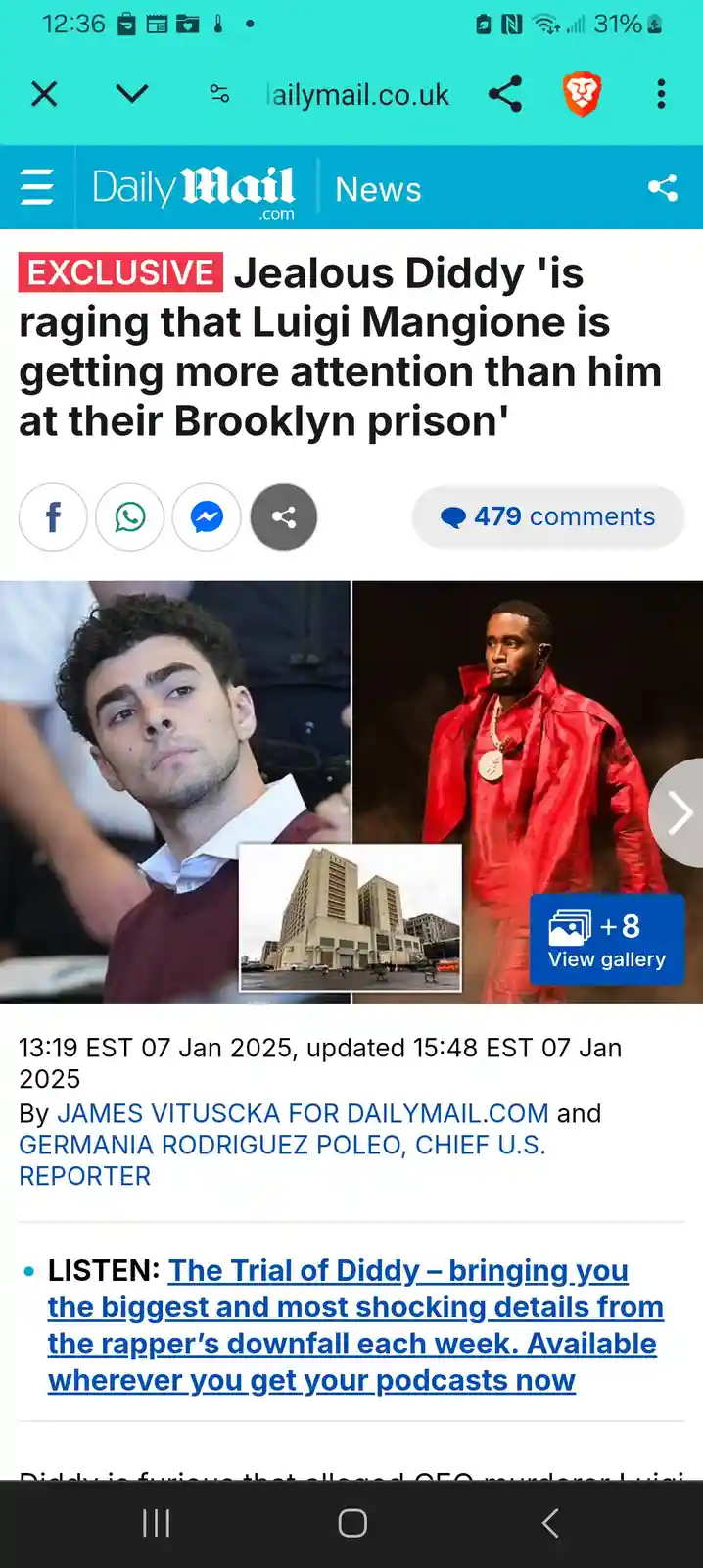 A screenshot of a Daily Mail article with a headline claiming 'Jealous Diddy 'is raging that Luigi Mangione is getting more…
