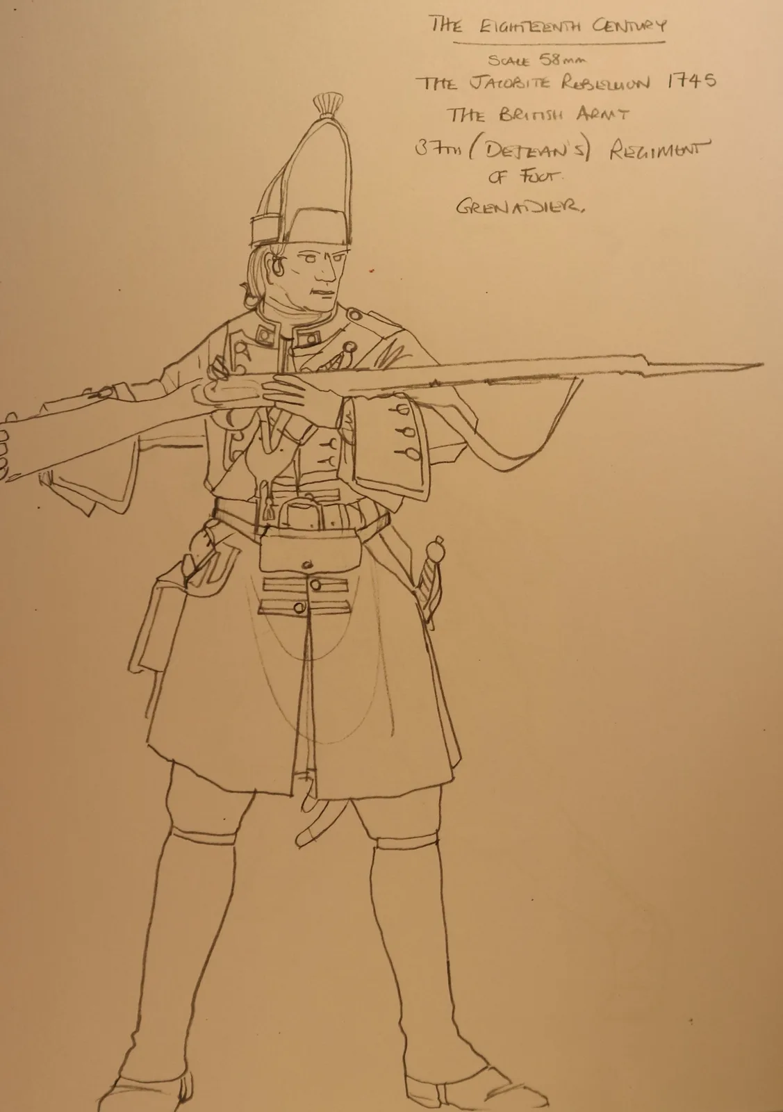 A pencil sketch of an 18th-century British grenadier from the 87th (Detzean's) Regiment of Foot during the 1745 Jacobite…