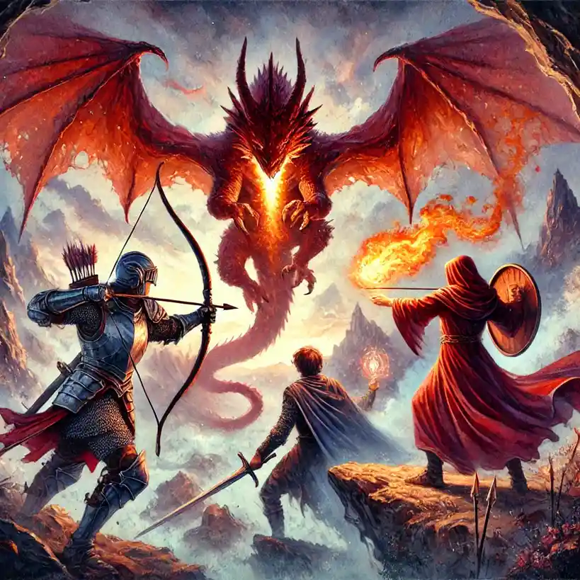 A fantasy battle scene depicts a large red dragon with wings spread, breathing fire, facing three adventurers: a knight in…