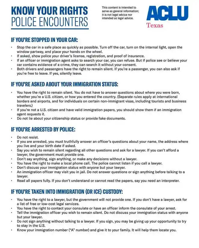 A document from ACLU Texas titled 'Know Your Rights Police Encounters' lists legal rights for individuals during police…