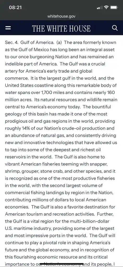 A screenshot of a webpage from whitehouse.gov shows a formal government document section titled 'Sec. 4. Gulf of America,'…