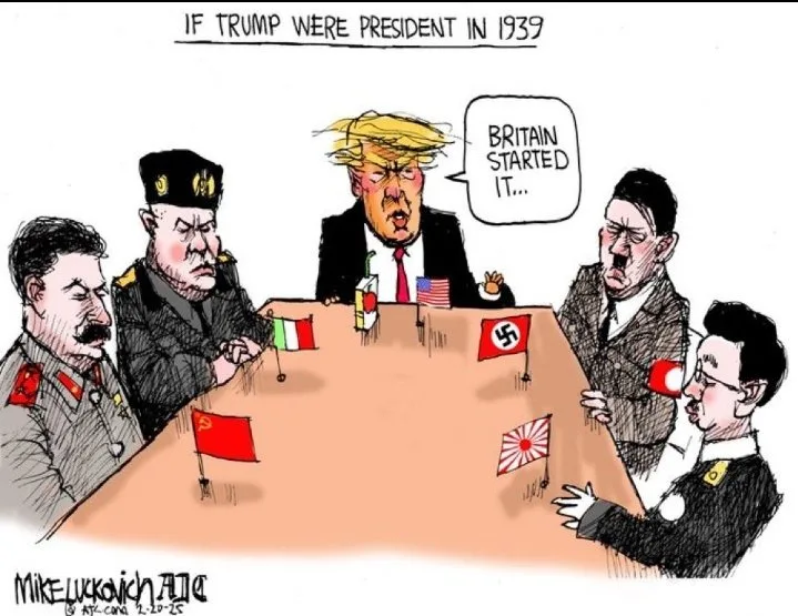 A political cartoon depicts Donald Trump seated at a conference table with historical figures including Stalin, Hitler, and…