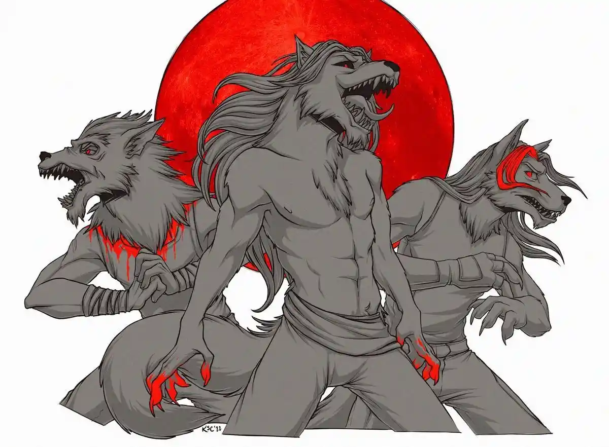 Three muscular, anthropomorphic wolves with red eyes and claws are shown in aggressive poses against a large red moon. Red…
