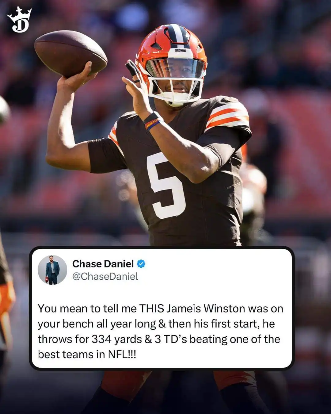 A Cleveland Browns quarterback, wearing number 5 and an orange helmet, is captured mid-throw in a football game…