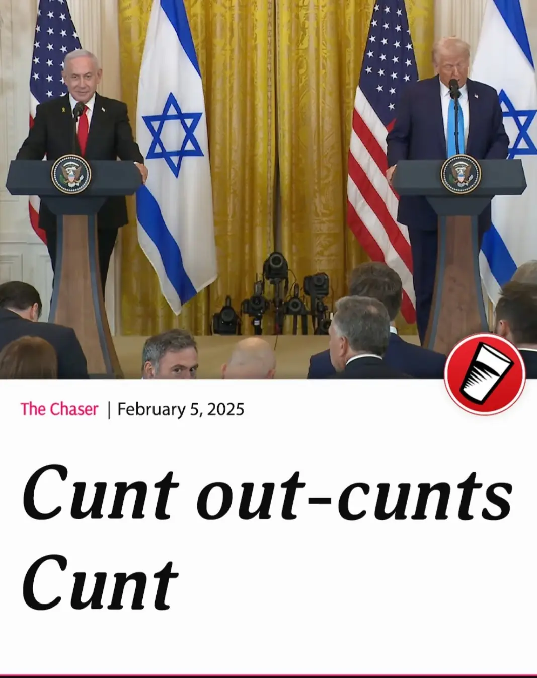 Two men stand at podiums with American and Israeli flags behind them, one smiling and one speaking into a mic. The image is…