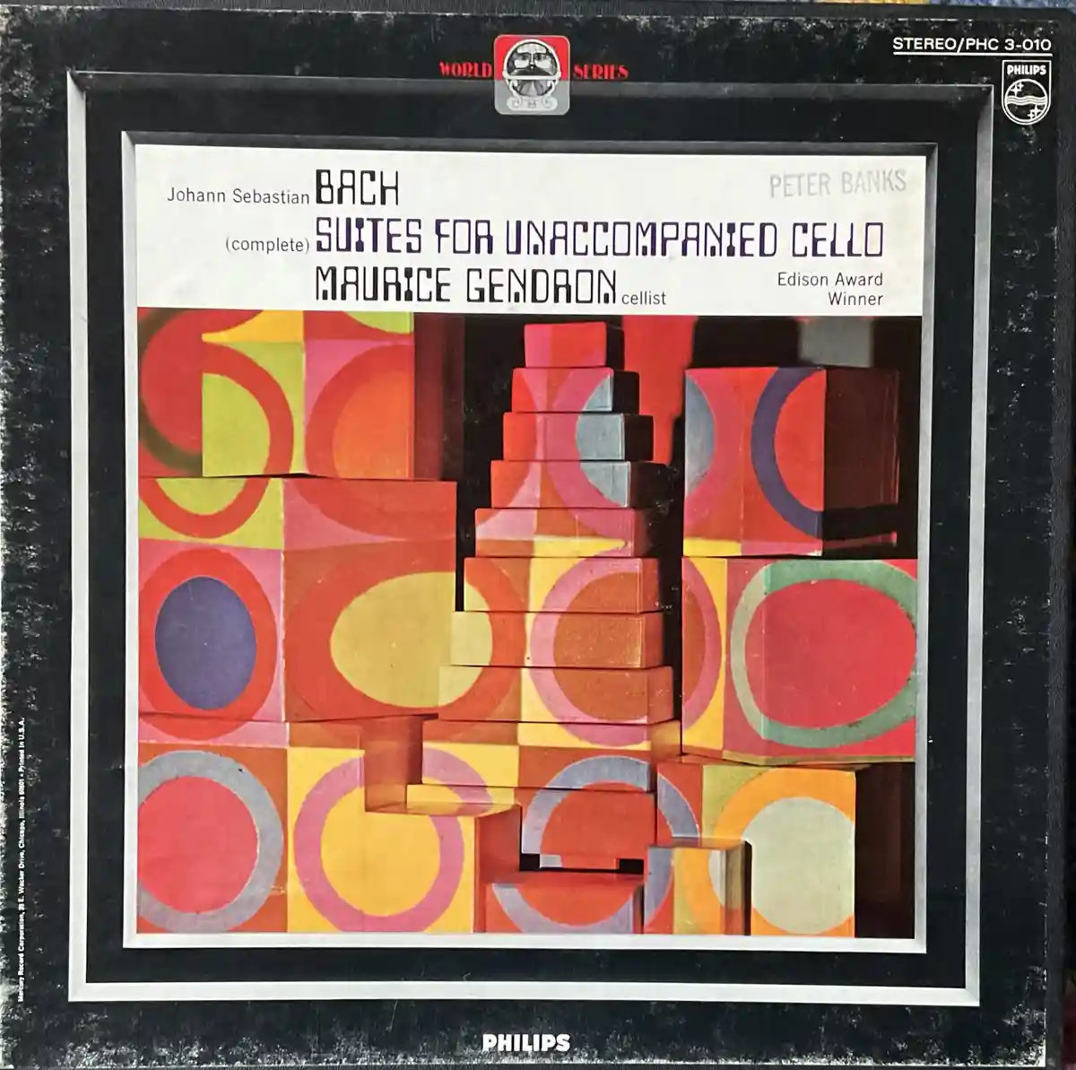 The image is a vintage Philips record album cover for Bach's 'Suites for Unaccompanied Cello' performed by Maurice Gendron…
