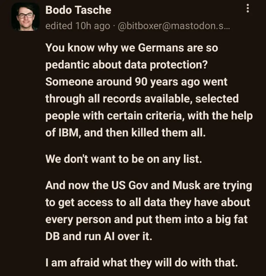 A screenshot of a Mastodon post by Bodo Tasche, featuring white text on a dark background. The post humorously explains…