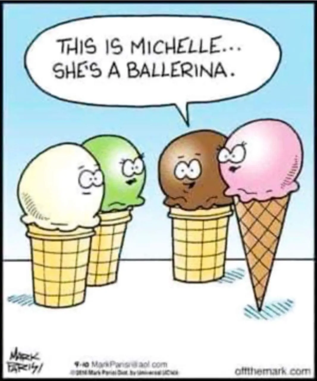 Four anthropomorphic ice cream scoops in cones stand in a row, with a speech bubble above the rightmost pink scoop stating…