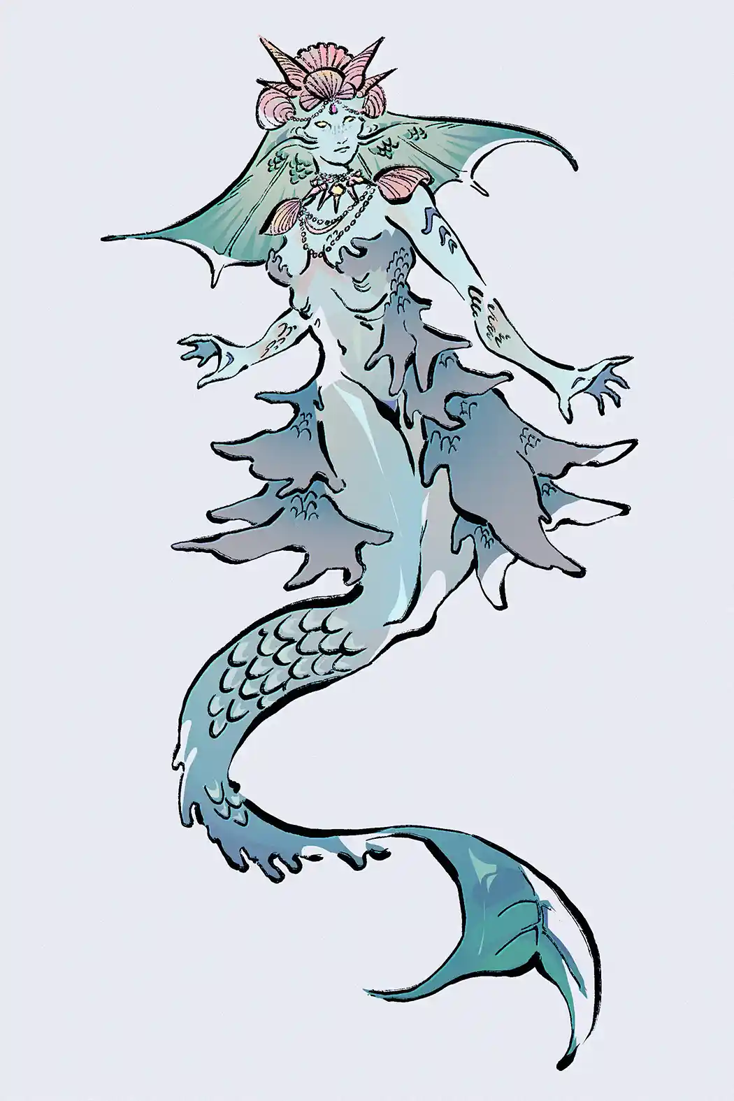 A stylized illustration of a mermaid with a pale blue-green body, large bat-like wings, and a flowing tail, adorned with…
