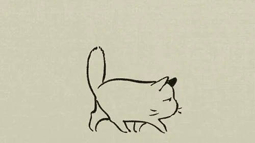 A minimalist black-and-white illustration shows six cartoon cats in two rows, each progressively more relaxed: first…