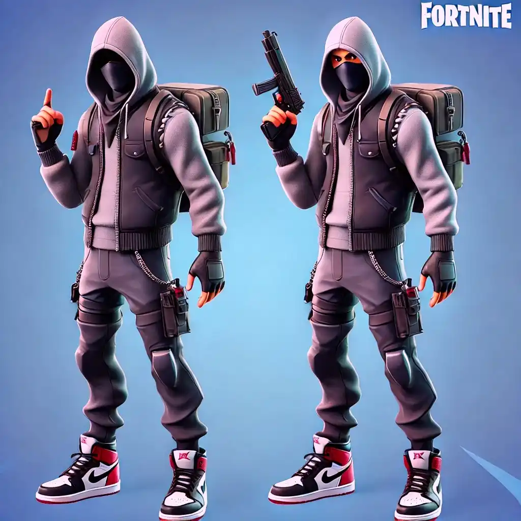 Two identical Fortnite characters in grey hoodies and backpacks stand side by side against a blue background. The character…