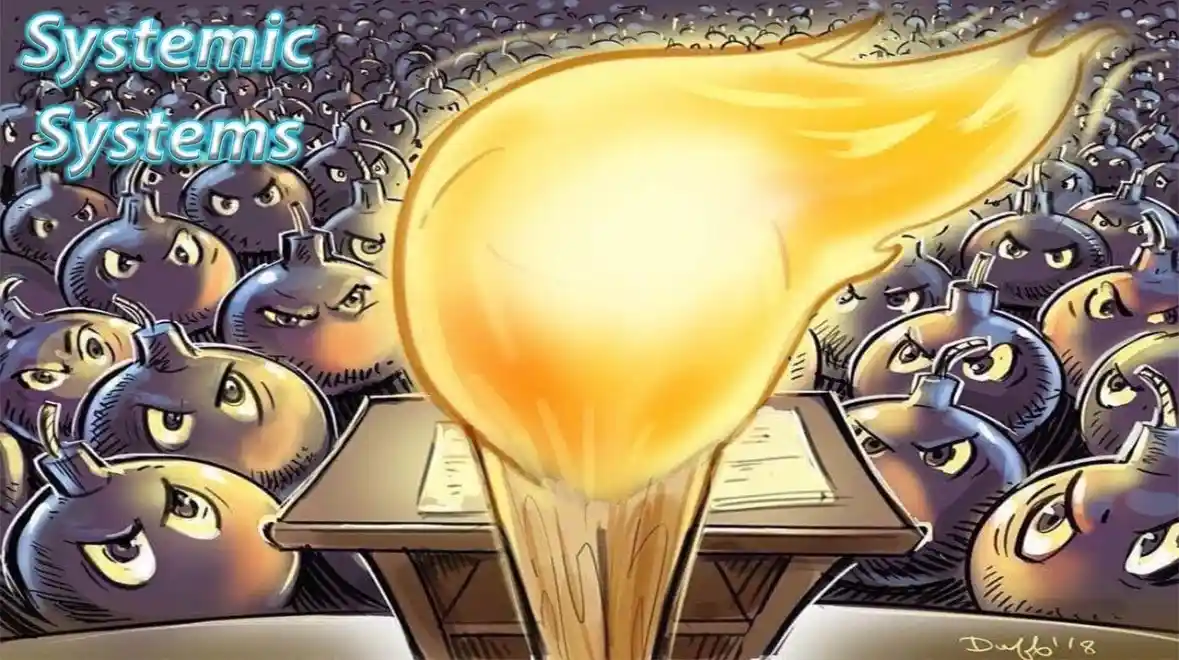 A cartoon illustration shows a large, glowing yellow torch held aloft, surrounded by a crowd of angry, anthropomorphic bombs…