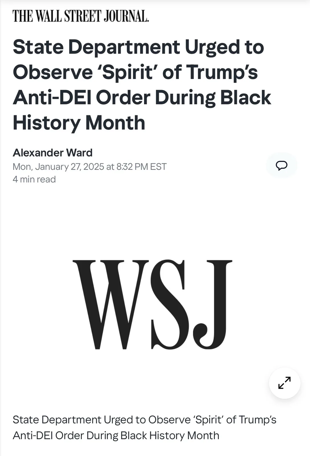 A screenshot of a The Wall Street Journal article titled 'State Department Urged to Observe 'Spirit' of Trump's Anti-DEI…