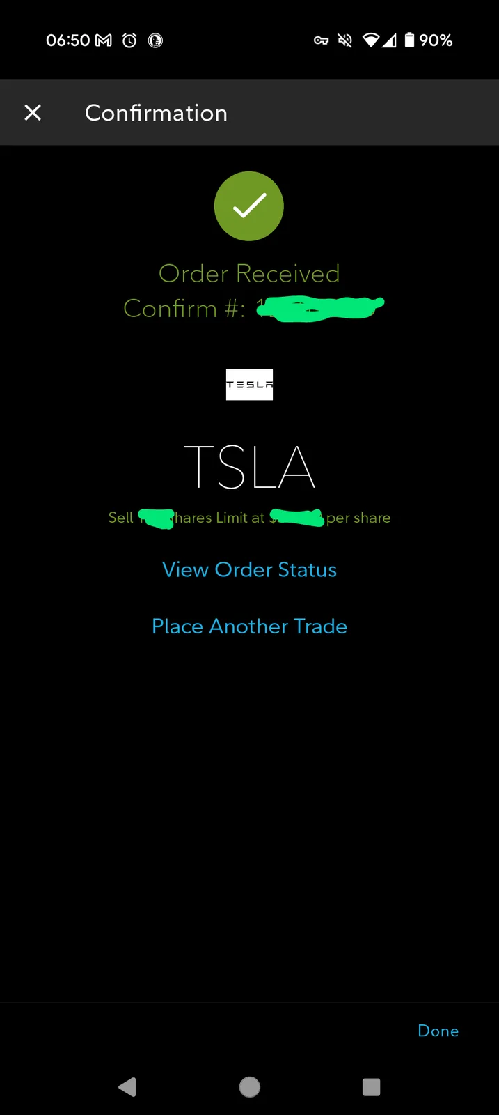 A smartphone screen shows a stock trading app confirmation page with a green checkmark, 'Order Received', and 'TSLA' stock…