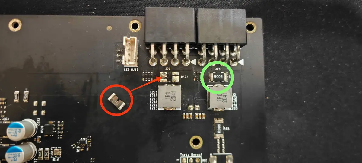 A close-up of an electronic circuit board shows a broken resistor circled in red with an arrow pointing to it, while another…